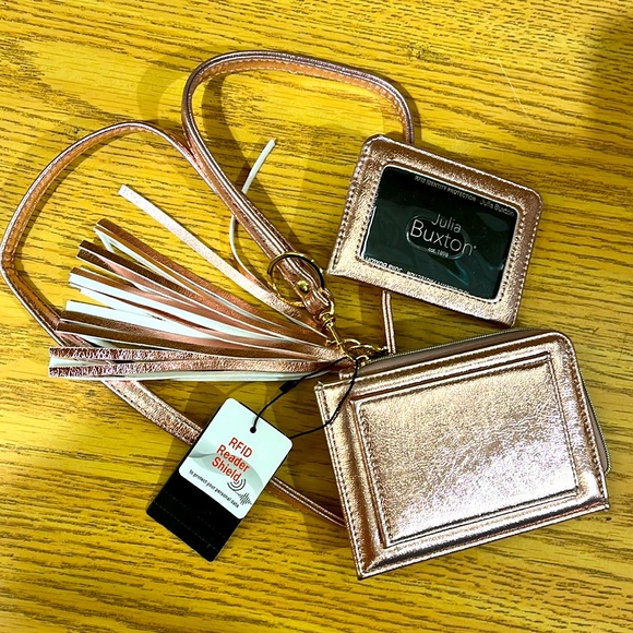 NEW Julia Buxton Pebble Zip Tassel Wristlet & CardHolder, metallic pink - Picture 5 of 11